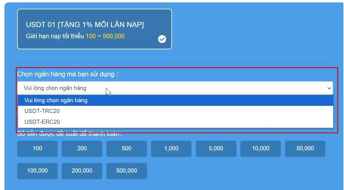 Chọn loại tiền USDT