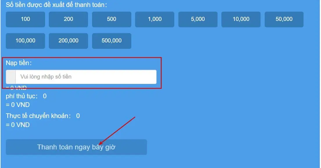 Nhập số tiền nạp USDT